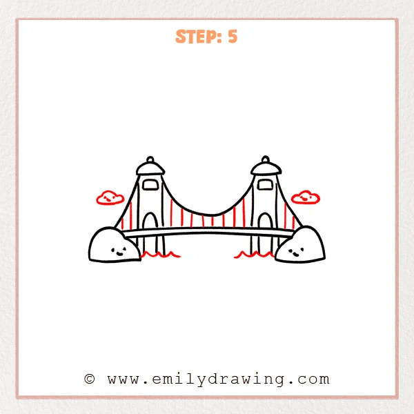how to draw a golden gate bridge - Step 5 of how to draw the Golden Gate Bridge adds vertical hanger cables from the main cable to the deck, wavy water lines below, and two small smiling clouds on the sides.